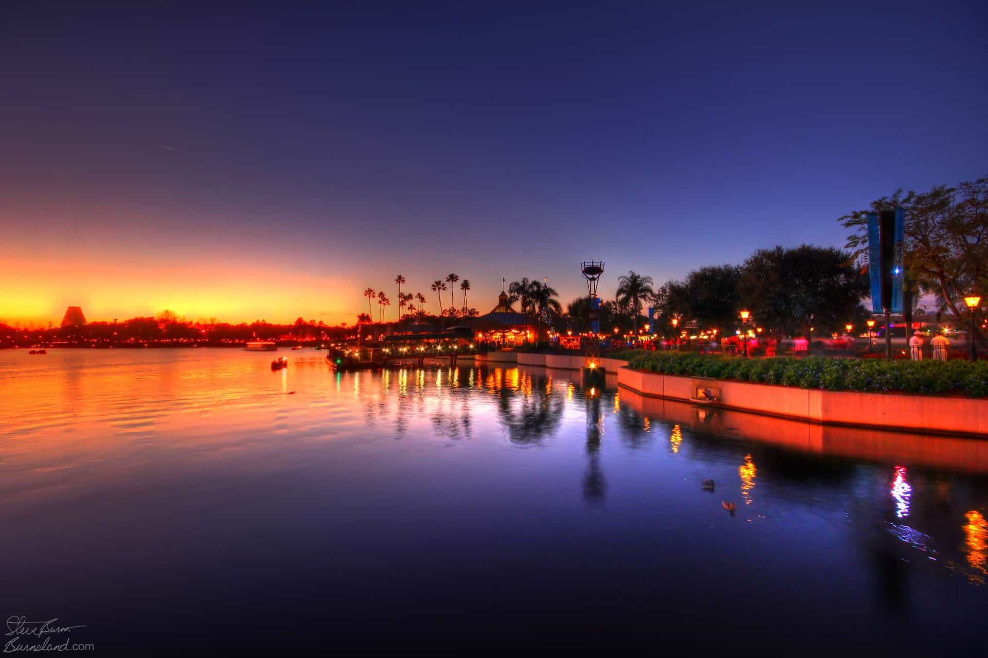 Sunset at World Showcase in Epcot at Walt Disney World