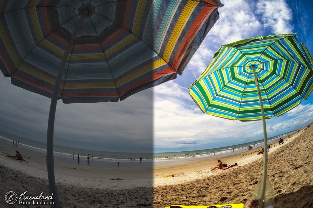 Dueling Umbrellas at Cocoa Beach - before and after