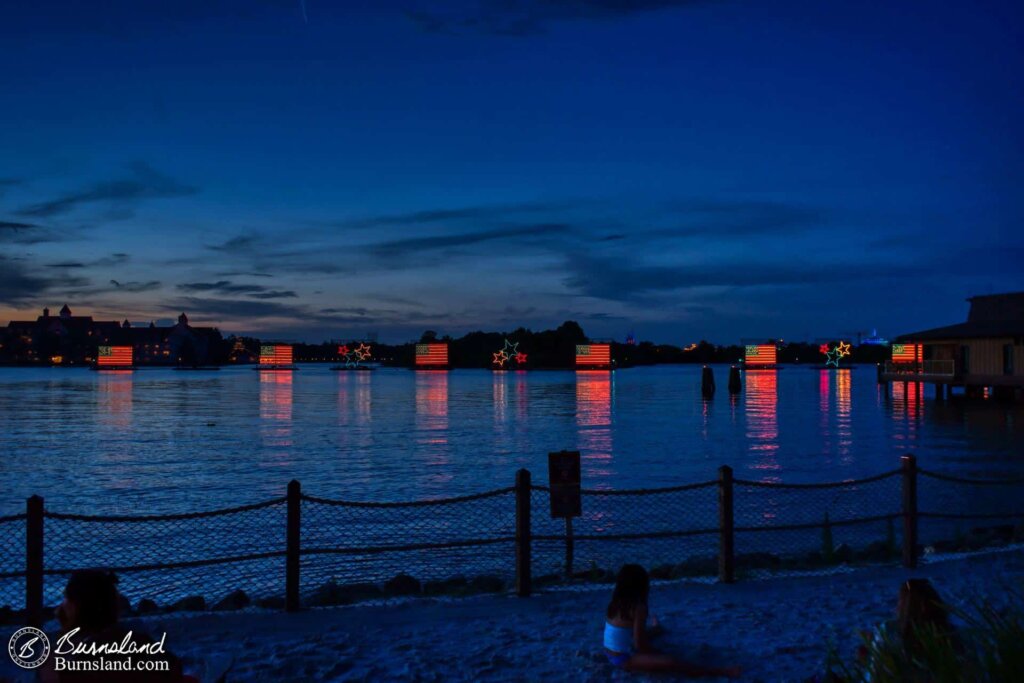 The patriotic finale of the Electrical Water Pageant on Seven Seas Lagoon at Walt Disney World