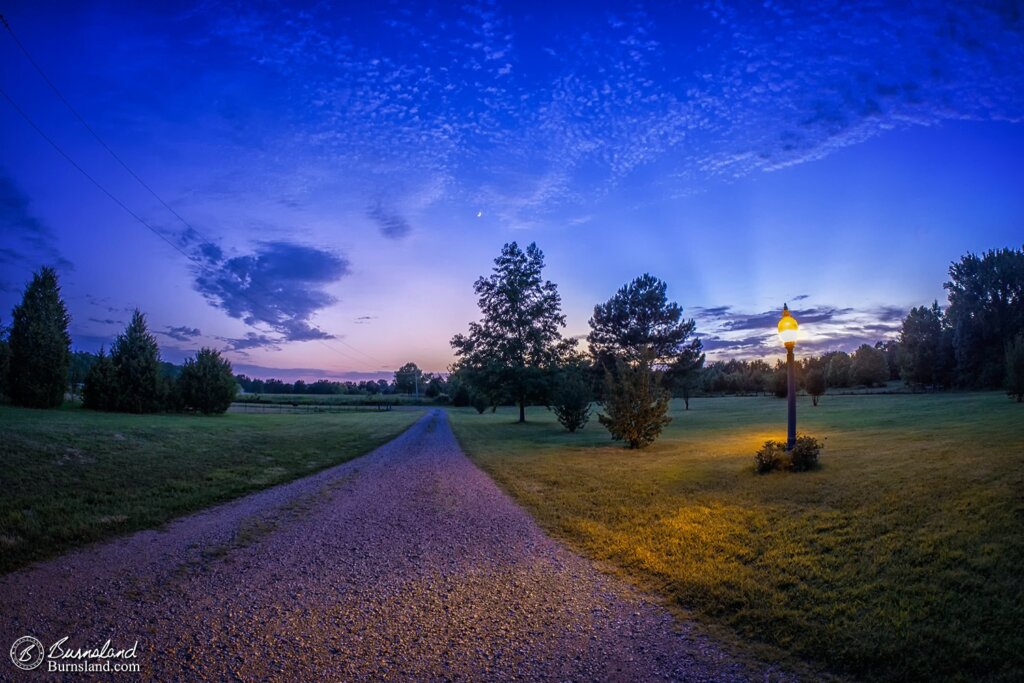 Clouds begin to fill the sky just after sunset above the driveway at our house in Tennessee. Read all about it at Burnsland!