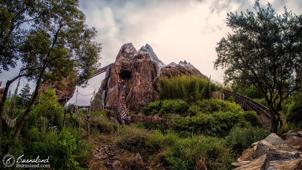 A roller coaster train rushes down the tracks after encountering a Yeti in Expedition Everest in Animal Kingdom at Walt Disney World.