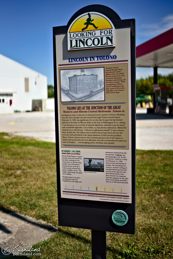 Interpretive sign for the location of Abraham Lincoln’s speech in Tolono, Illinois