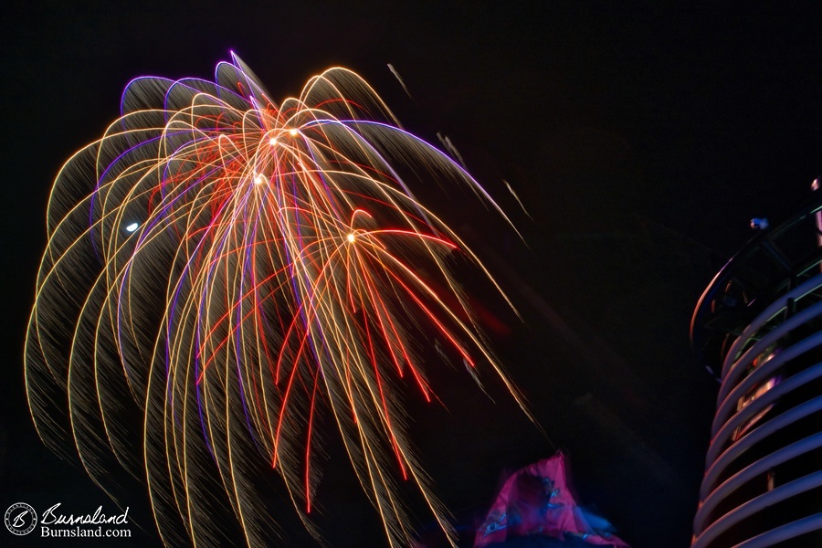 Fireworks explode above the deck of the Disney Fantasy during our 2022 Disney Cruise