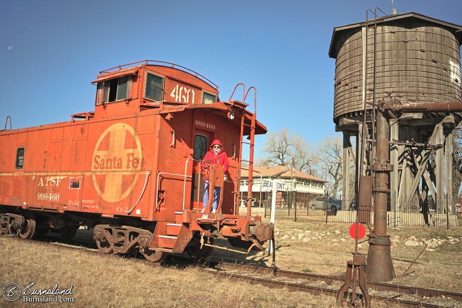 Santa Fe caboose and Frisco water tower in Beaumont, Kansas