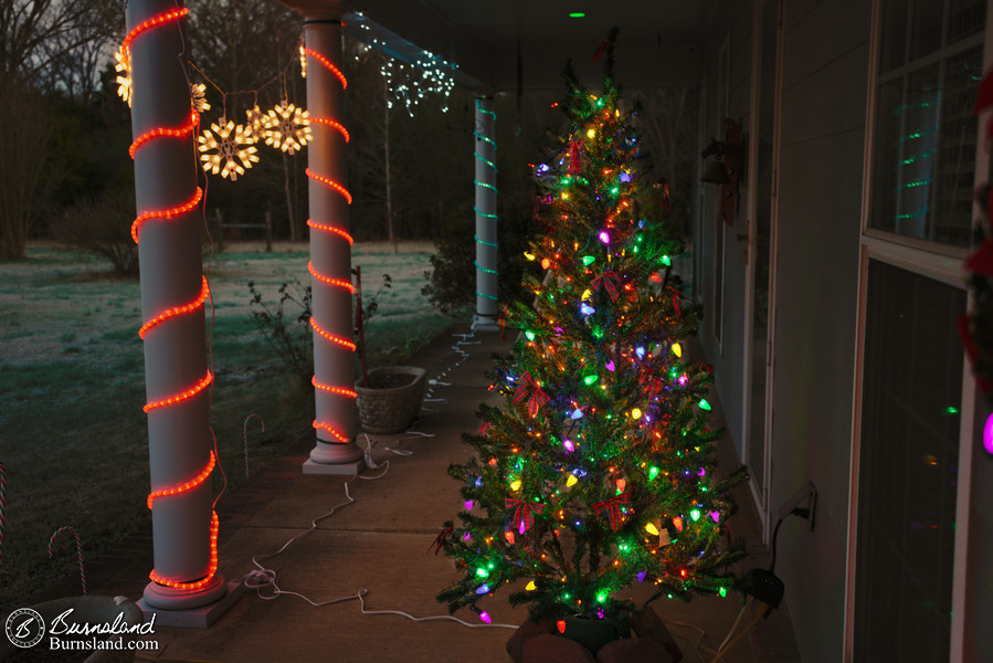 Our front porch is festive with Christmas lights