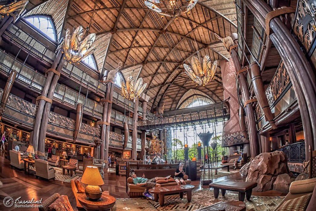 The main lobby of the Animal Kingdom Lodge at Walt Disney World is a big, open space with the feel of someplace exotic. Read all about it at Burnsland!