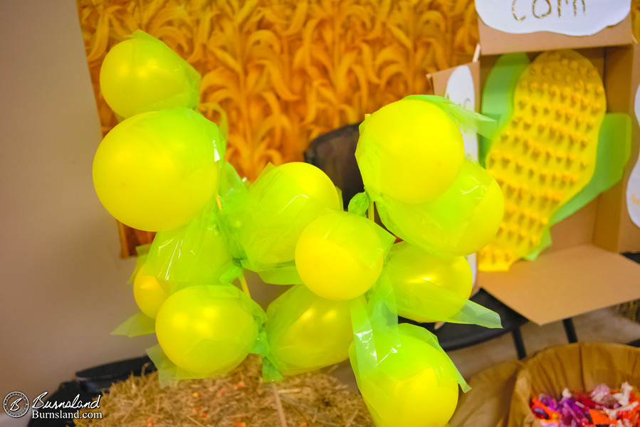 Corn balloons for a Trunk or Treat display based on the popular “It’s Corn” song