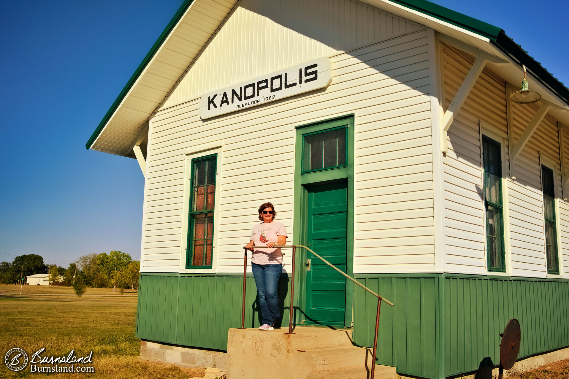 Laura at the Kanopolis Railroad Depot in Kanopolis, Kansas