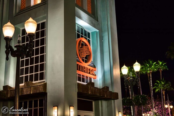 A nighttime look at Keystone Clothiers on Hollywood Boulevard at Disney’s Hollywood Studios in Walt Disney World