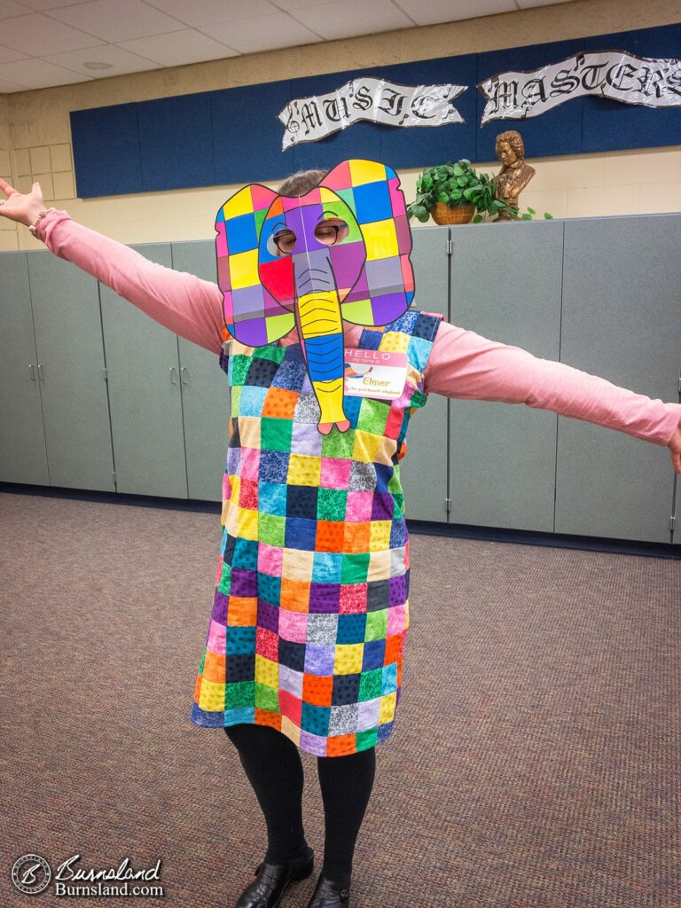 Laura as Elmer the Patchwork Elephant for her school’s STEAM Night.