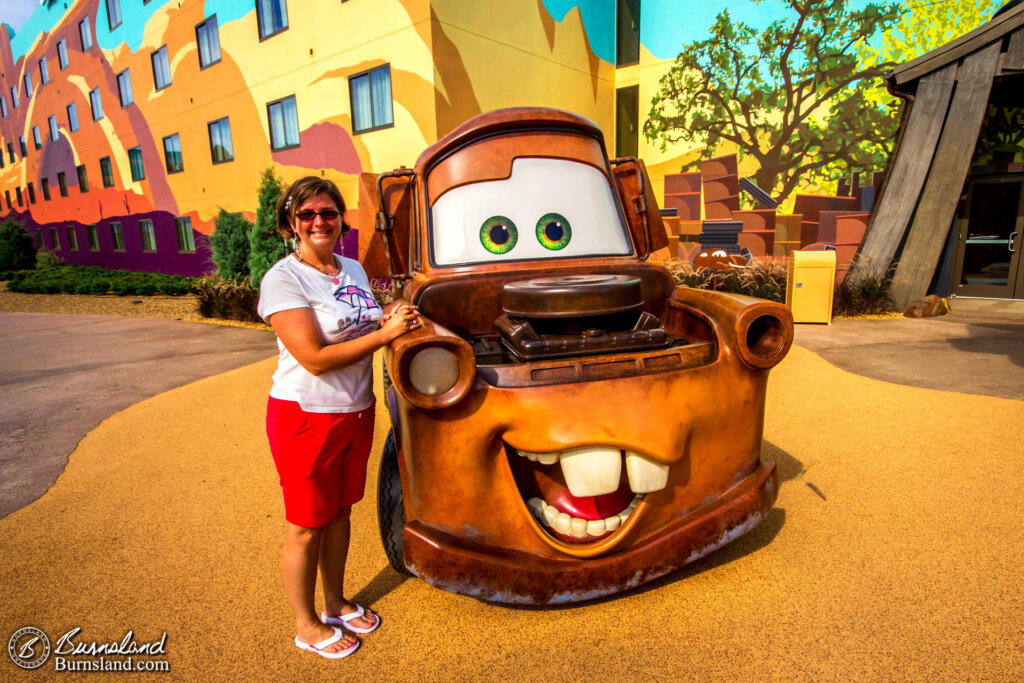 Laura stops for a quick photo with her good friend Mater from the Pixar movie Cars at Disney’s Art of Animation Resort in Florida