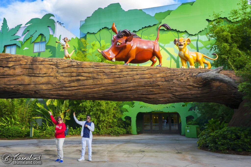 Laura, Jaylin, Timon, Pumbaa, and Simba at the Art of Animation Resort at Walt Disney World