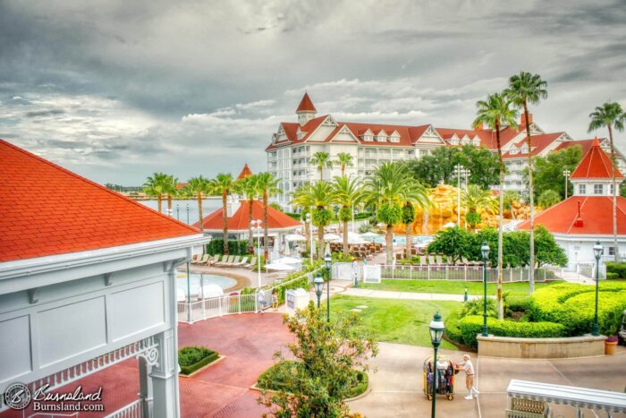 Looking out over the Grand Floridian Resort at Walt Disney World from a window in the main lobby building