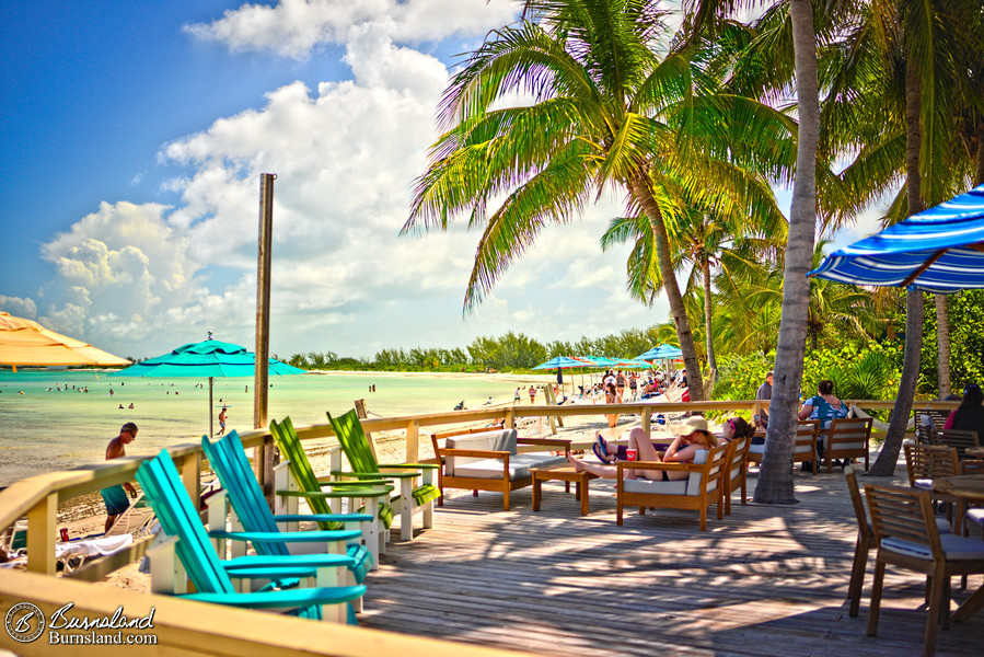 Chairs and a wooden deck provide a great place to relax at Serenity Bay on the Disney Cruise Line island of Castaway Cay.