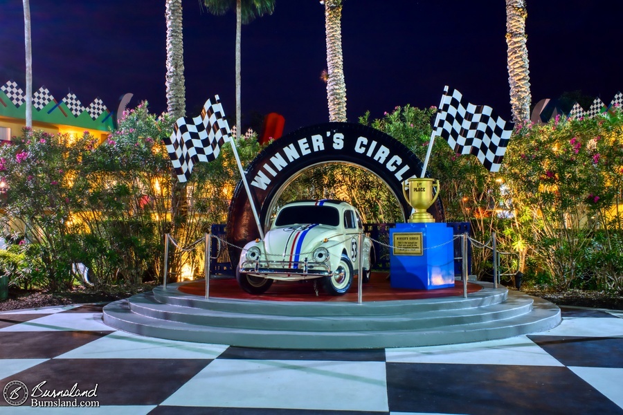 Herbie the Love Bug is in the Winner’s Circle in the center court of the Love Bug section of the All-Star Movies Resort at Walt Disney World