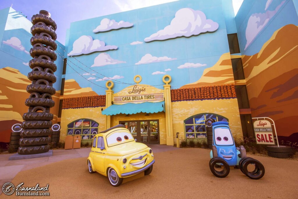 Luigi and Guido from the Pixar movie Cars want to sell you some tires at the Art of Animation Resort at Walt Disney World in Florida