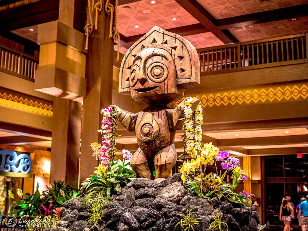 A close-up look at the statue of Maui that is found in the Great Ceremonial House, which serves as the main lobby for the Polynesian Village Resort at Walt Disney World in Florida. Read all about it at Burnsland!