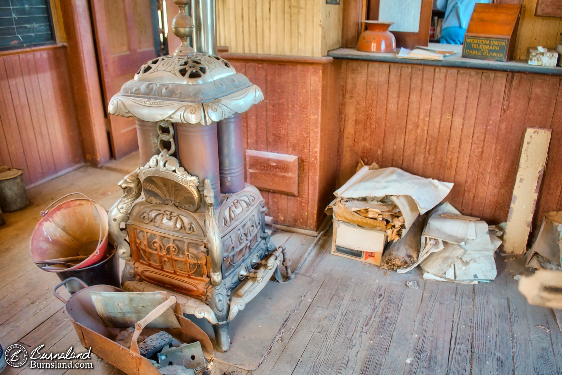 Potbelly stove in the railroad depot in Alden, Kansas