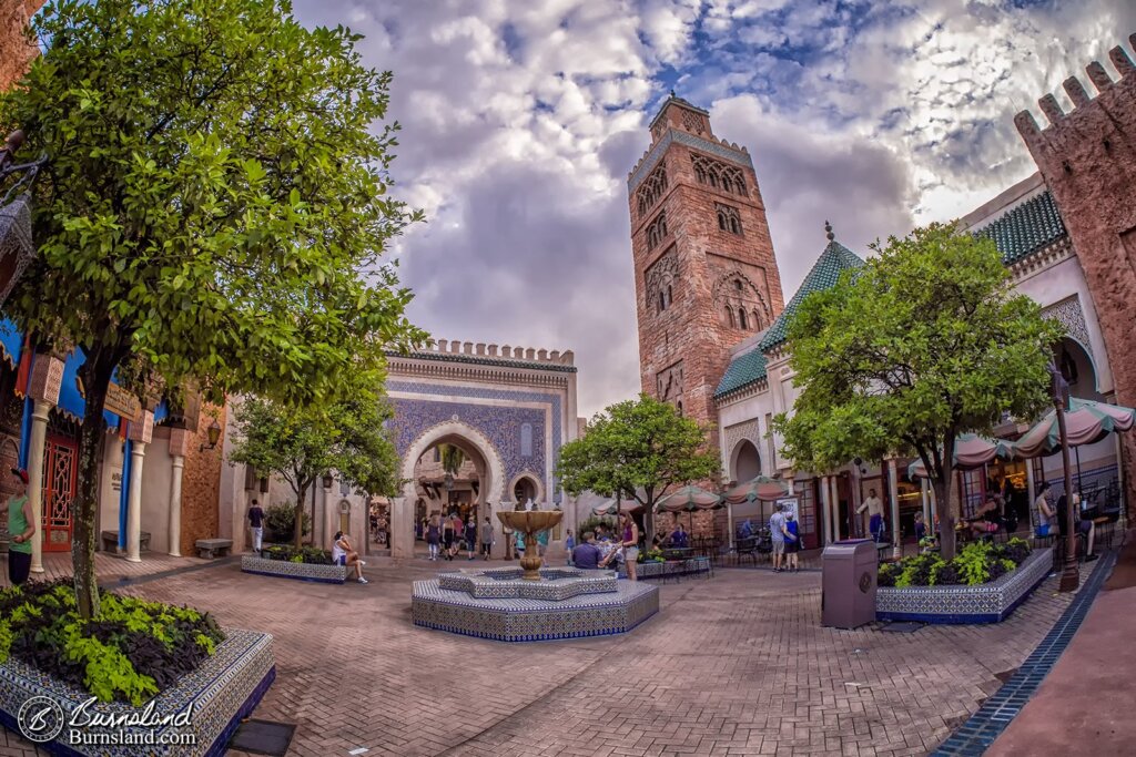 The central courtyard of the Morocco pavilion in Epcot’s World Showcase at Walt Disney World seems to be someplace far away from Central Florida. Read all about it at Burnsland!