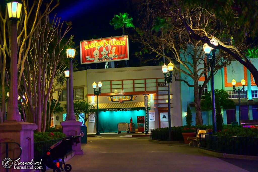 A quiet corner of the Hollywood Boulevard area of Disney’s Hollywood Studios at night reveals some nods to a couple of movies in Walt Disney World.