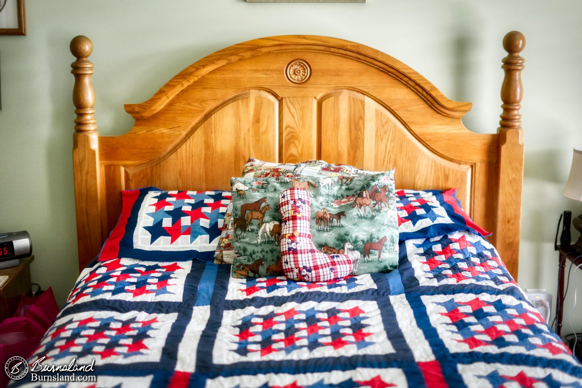 A quilt made by my grandmother is the summer quilt on our bed.