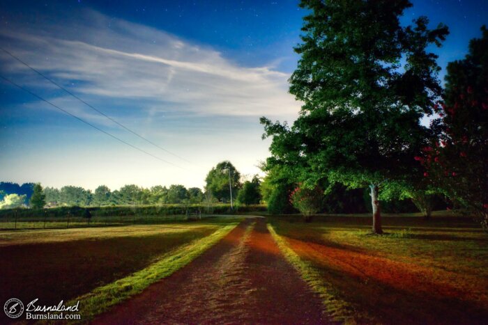 The scene down our driveway looks almost otherworldly in this nighttime view from some recent night photography experiments. A photo like this takes some patience, but it is worth it.