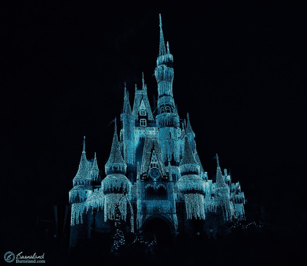 Cinderella Castle in the Magic Kingdom at Walt Disney World shines with the Dream Lights added for the Christmas holiday season. Read more about it at Burnsland.