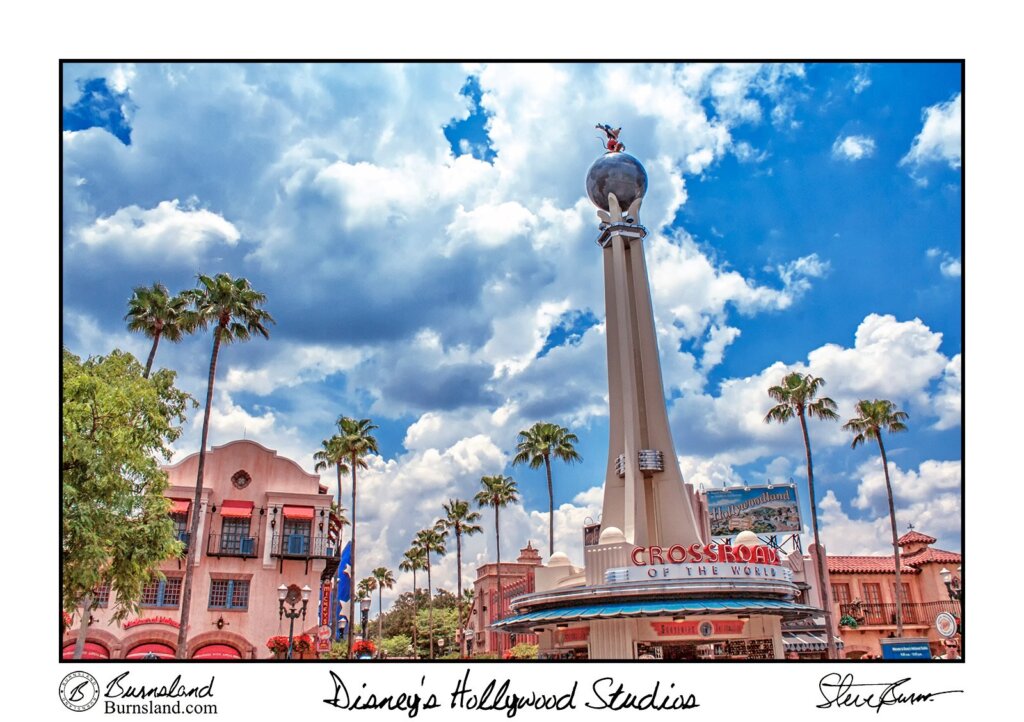 Mickey Mouse stands atop the Crossroads of the World just inside the entrance of Disney’s Hollywood Studios at Walt Disney World in this photo from 2008. Read all about it at Burnsland.