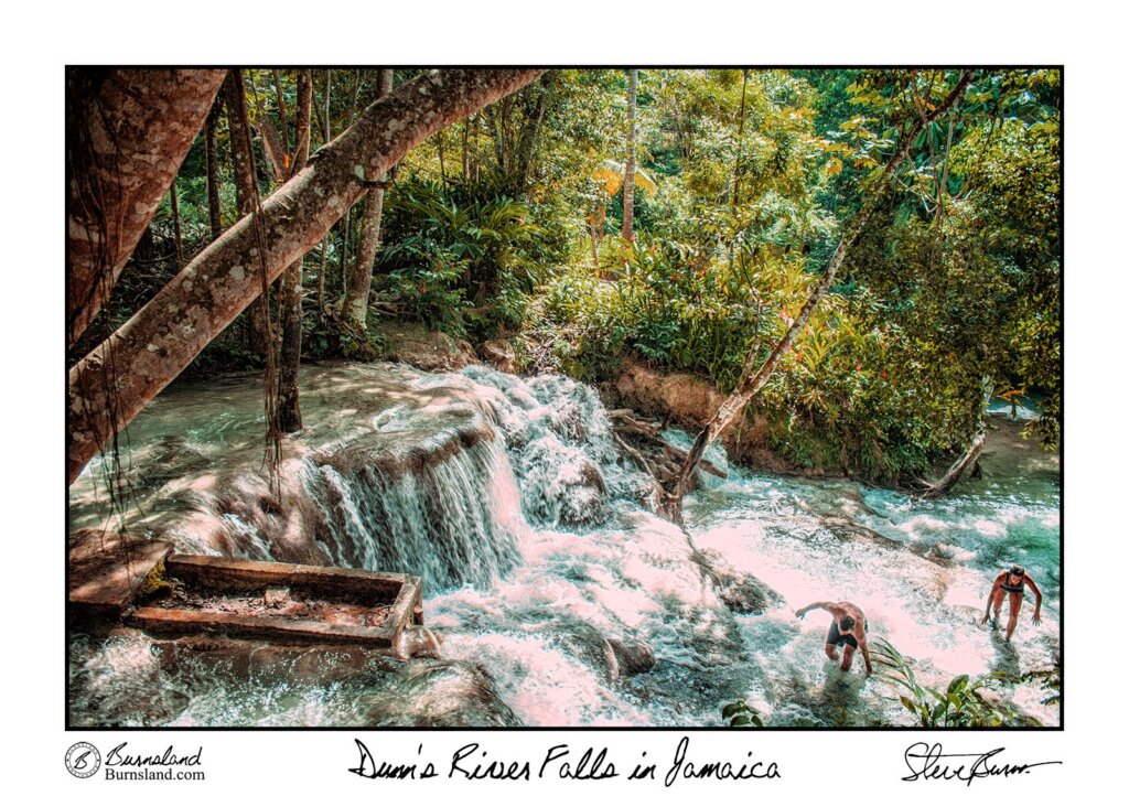 Water flows down as people climb up at Dunn’s River Falls in Jamaica. Read all about it at Burnsland!