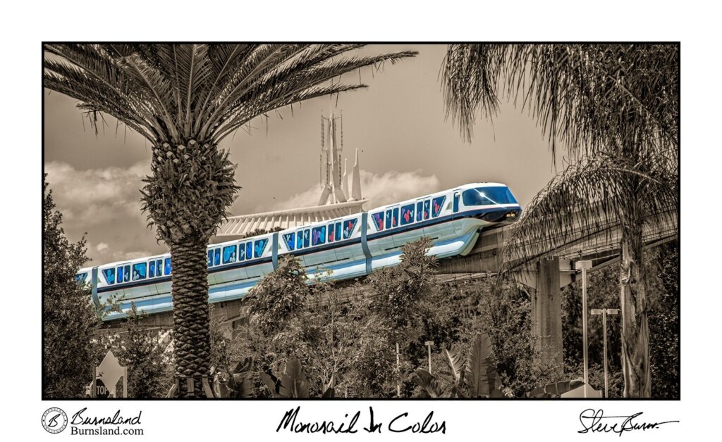 A colorful Walt Disney World Monorail glides through a sepia-tinted world in this photo from 2009. Read all about it at Burnsland.