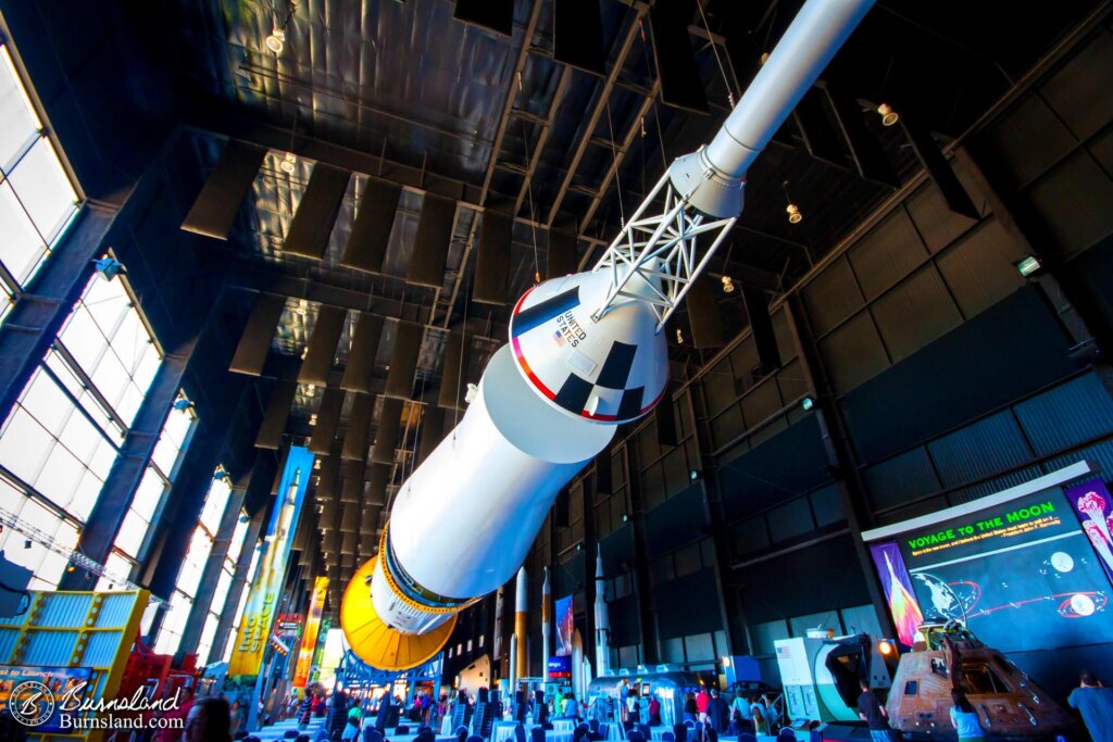 A Saturn V Rocket hangs overhead in the Davidson Center for Space Exploration at the U.S. Space and Rocket Center in Huntsville, Alabama