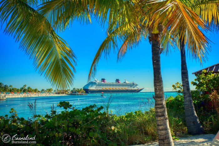 A wonderful view with palm trees in the foreground and the Disney Dream in the background on Castaway Cay, the Disney Cruise Line’s Bahamas island