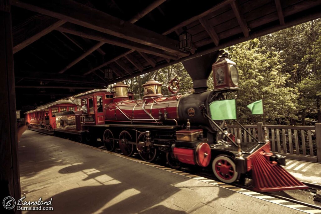 Engine No. 1 Walter E. Disney of the Walt Disney World Railroad arrives in Frontierland at the Magic Kingdom