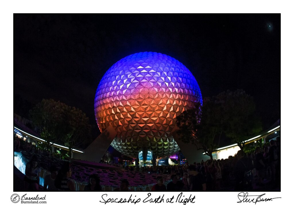 Spaceship Earth in Epcot at Walt Disney World glows at night thanks to colored lights reflecting off its silver skin. Read all about how to photograph it at Burnsland.