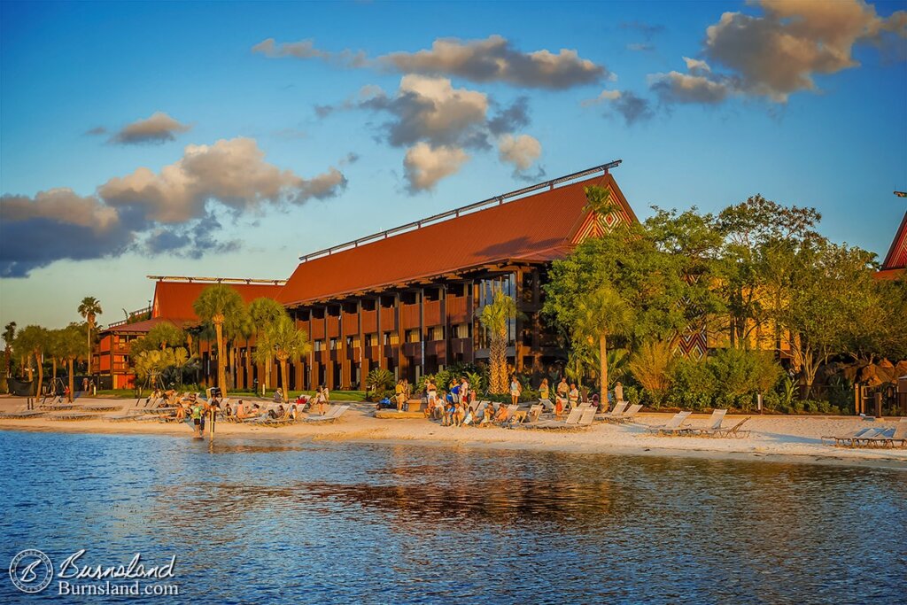 The Polynesian Village Resort at Walt Disney World is brightened by the setting sun. Read all about it at Burnsland!