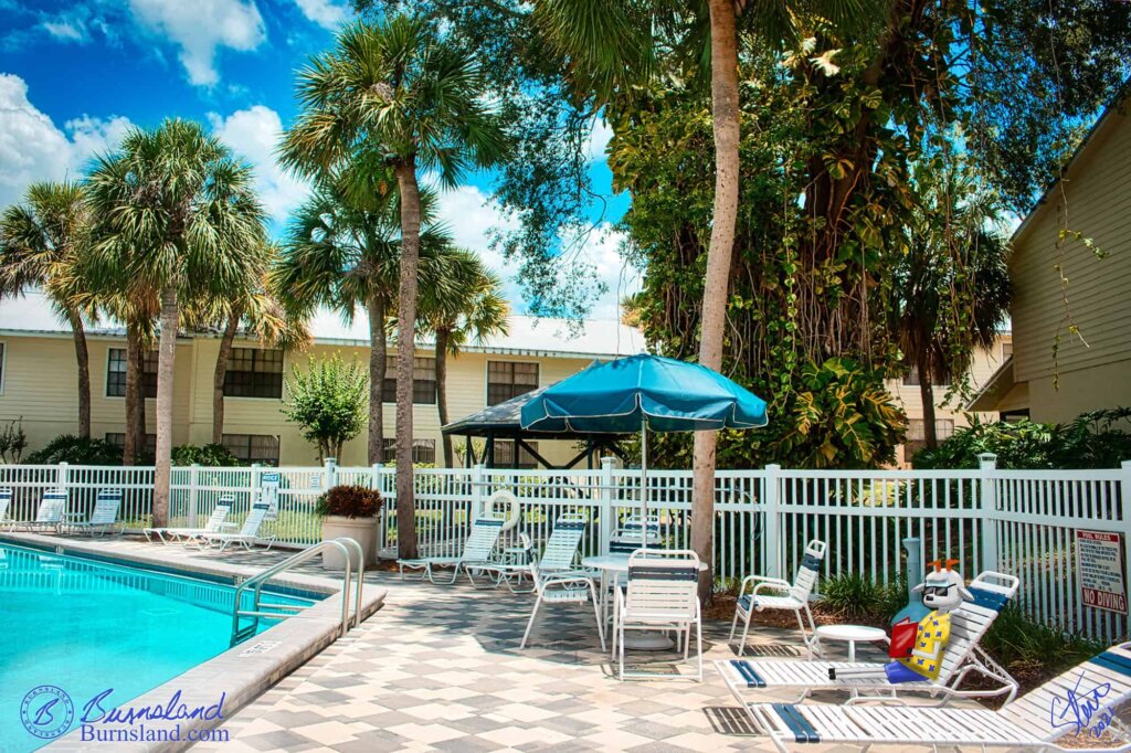 Chairs for relaxing surround the swimming pool in Florida. And Mobius the Goat is taking full advantage of one of those chairs.