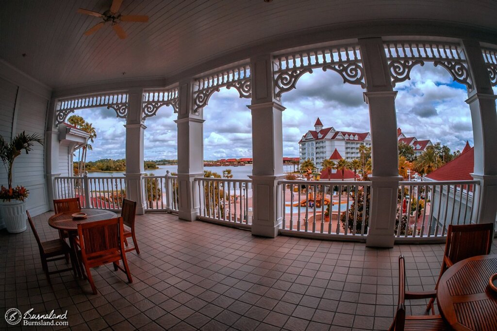 A second-story porch at the Grand Floridian Resort at Walt Disney World has a nice view of more of the Grand Floridian, as well as Seven Seas Lagoon. Read all about it at Burnsland!