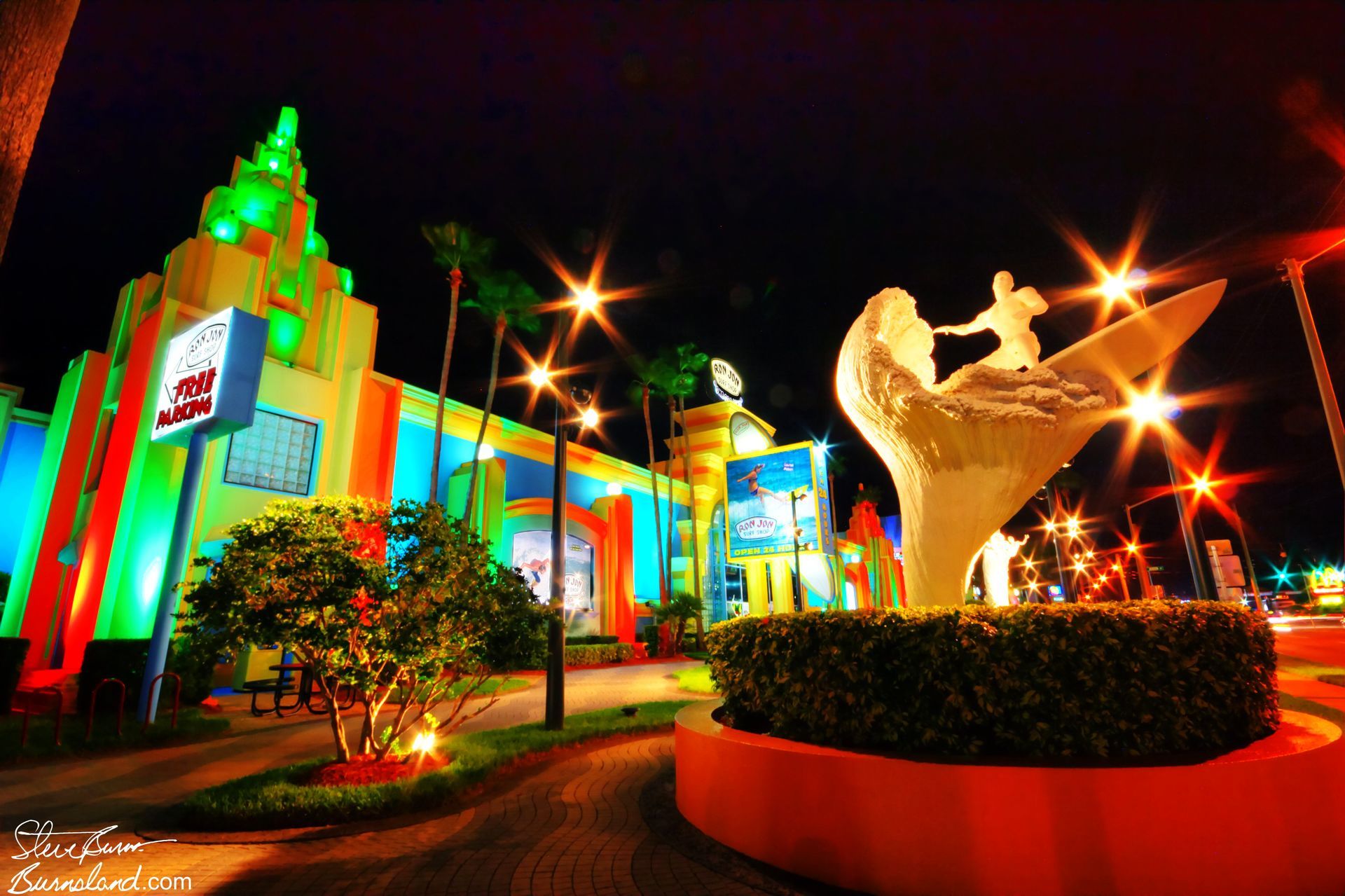 A nighttime view of Ron Jon Surf Shop in Cocoa Beach, Florida