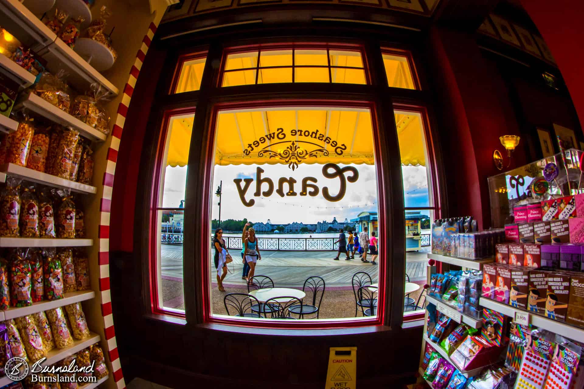 Looking out from inside Seashore Sweets Candy shop at the Boardwalk at Walt Disney World