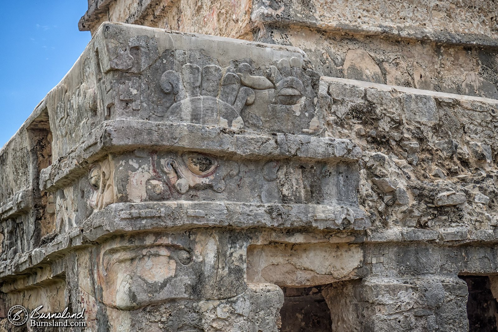 The Temple of the Frescoes stands among the Mayan ruins at Tulum in Mexico.