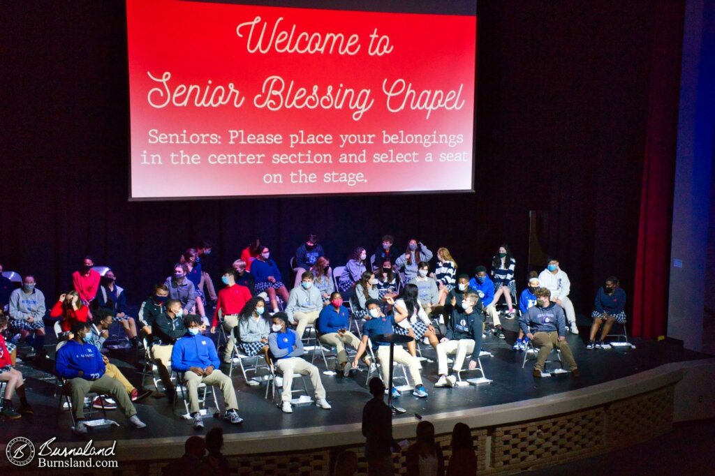 The seniors on the stage at the start of Senior Blessing Chapel