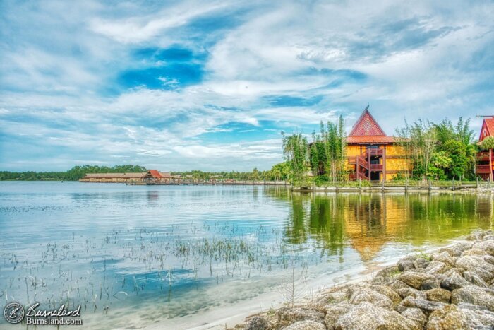 Clouds are reflected in the waters of Seven Seas Lagoon near the Polynesian Village Resort at Walt Disney World