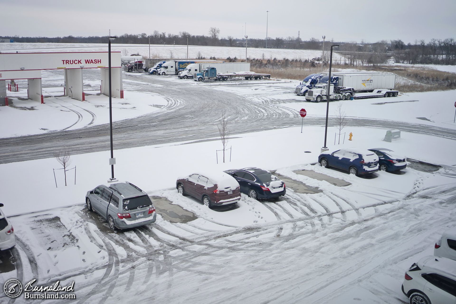 The snowy hotel parking lot in Parsons, Kansas