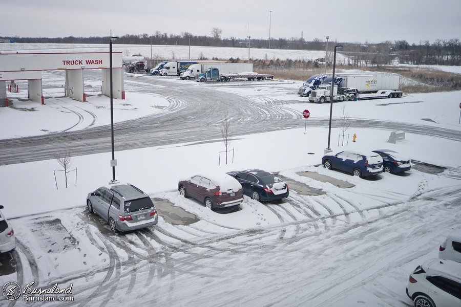 The snowy hotel parking lot in Parsons, Kansas