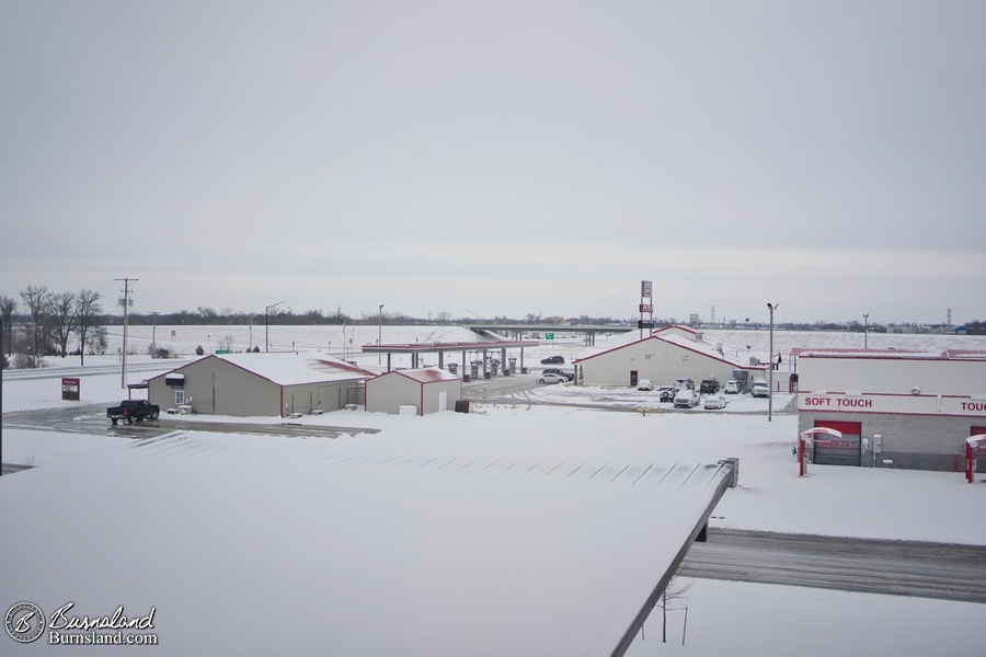 A snowy view out the hotel window in Parsons, Kansas