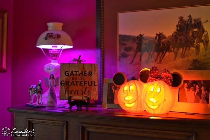 Pumpkins and fall colors are found around our house in some Halloween decorations.