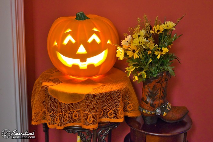 A pumpkin and flowers for Halloween