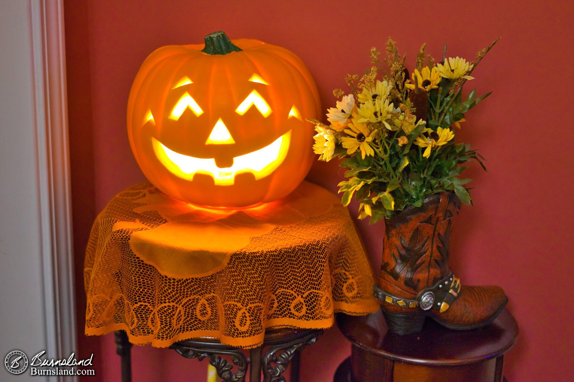 A pumpkin and flowers for Halloween