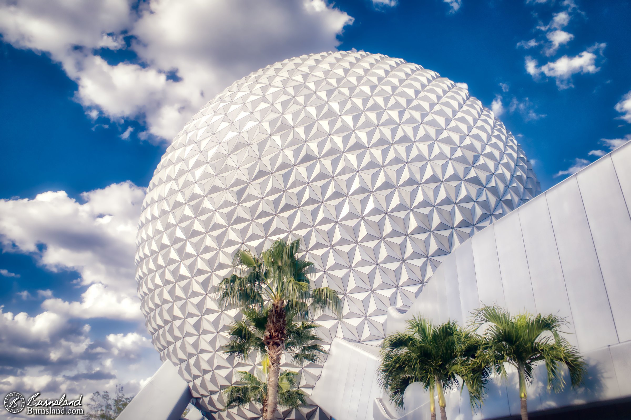 Spaceship Earth seems to float among the clouds in Epcot at Walt Disney World