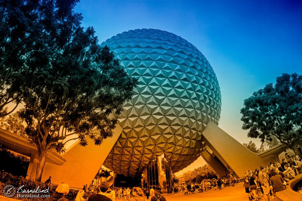 A colorful view of Spaceship Earth at Epcot in Walt Disney World.